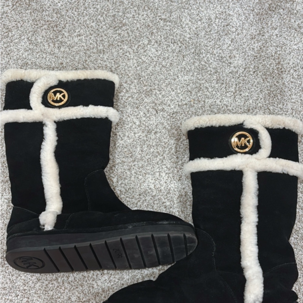 Michael Kors Black Suede Winter Boots with Cream Shearling Trim